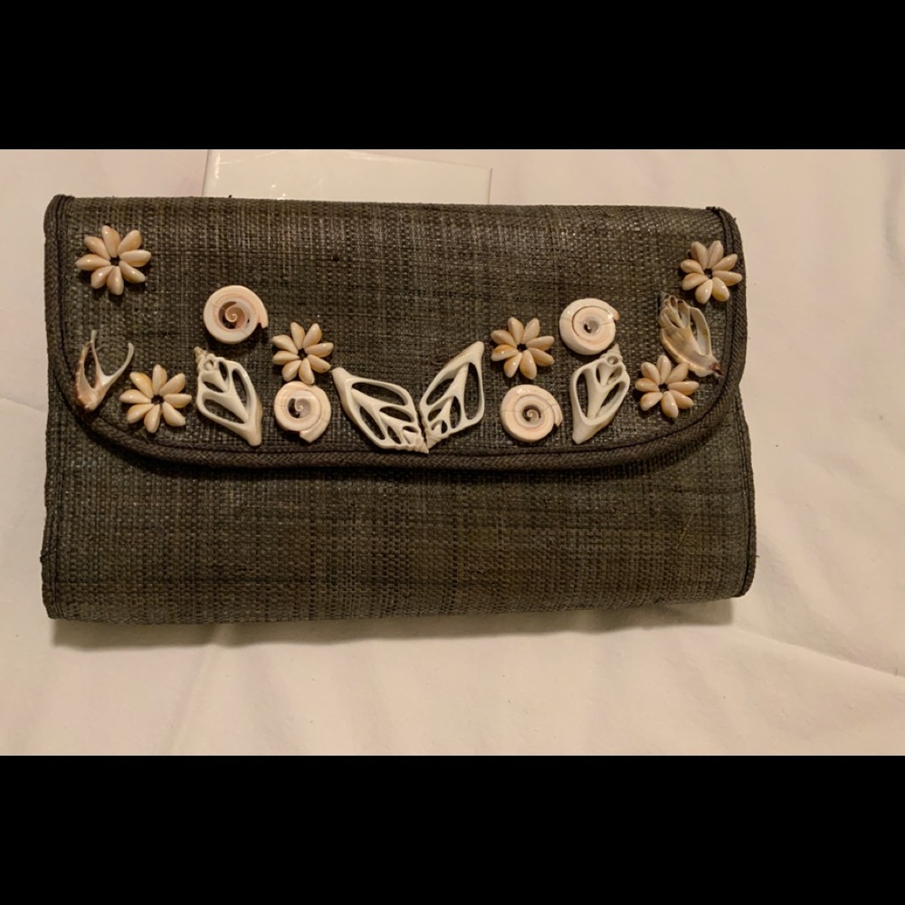 Seashells on canvas clutch from Philippines.grey.Only used once.Plz see …